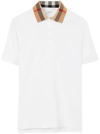 Burberry Men Check Collar Cotton Polo Shirt In White