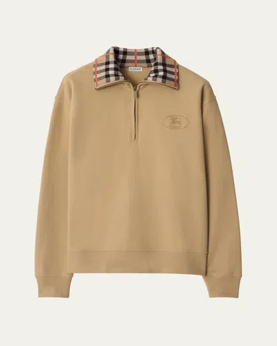 BURBERRY MEN'S CHECK-COLLAR QUARTER-ZIP SWEATER