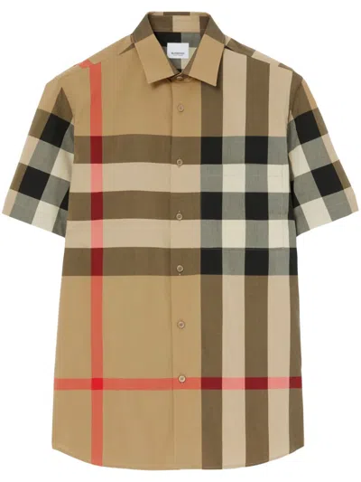 Burberry Men Check Cotton Shirt In Blue