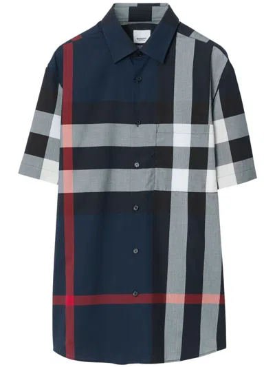 Burberry Men Check Cotton Shirt In Blue