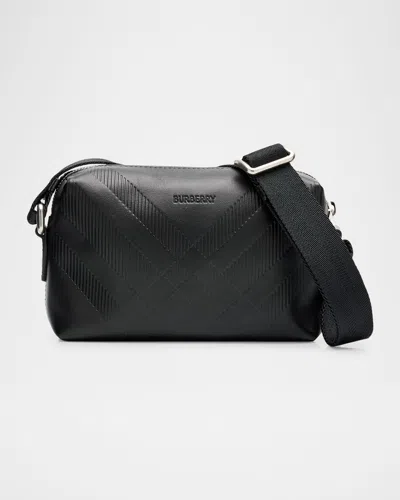 Burberry Men's Check Embossed Leather Mini Crossbody Bag In Black