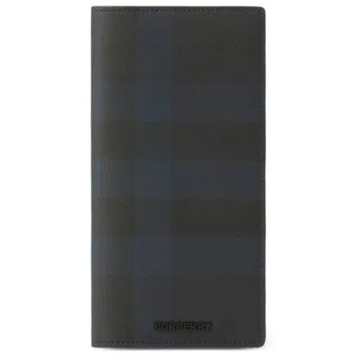 Burberry Men's Check Leather Long Wallet In Blue