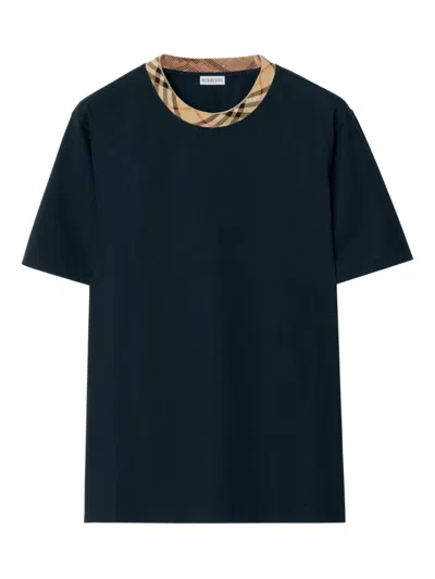 Burberry Men Check Motif Cotton T-shirt In Blue