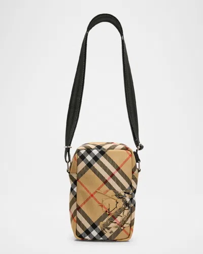 Burberry Men's Check Phone Crossbody Bag In Sand