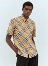 Burberry Short-sleeved Check Pattern Shirt With Button-down Collar In Cream