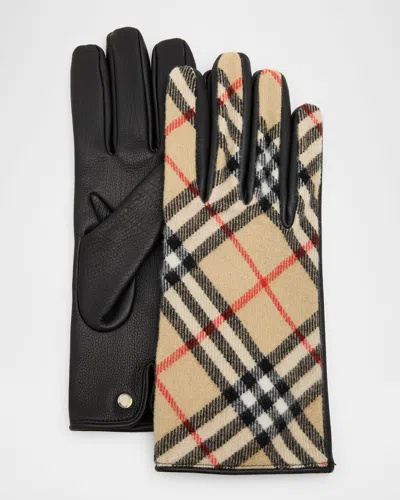 Burberry Men's Check Wool And Cashmere Gloves With Leather In Brown