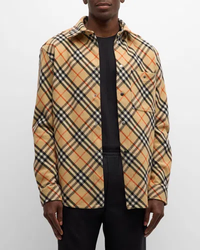 Burberry Men's Check Wool Button-down Shirt In Sand Ip Check