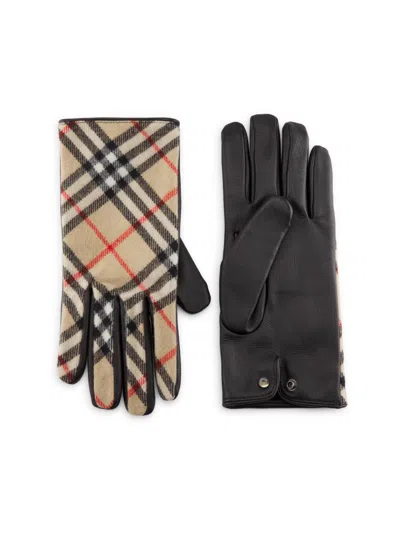 Burberry Men's Check Wool-cashmere Gloves In Sand