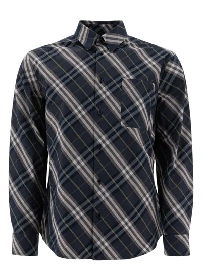Burberry Check Button-down Shirt With Front Pocket In Blue