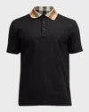 Burberry Men Check Collar Cotton Polo Shirt In Blue