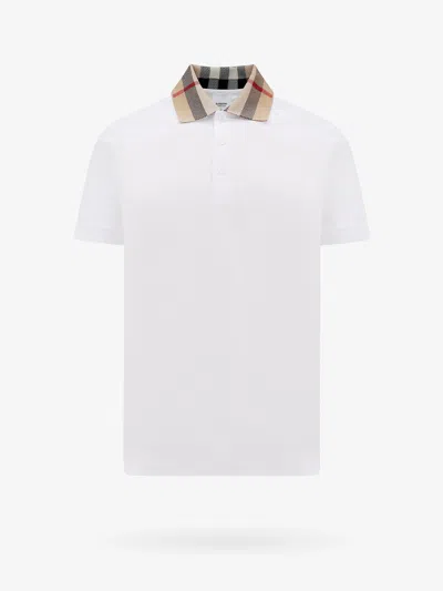 Burberry Men Cotton Polo Shirt With Check Collar Detail In White