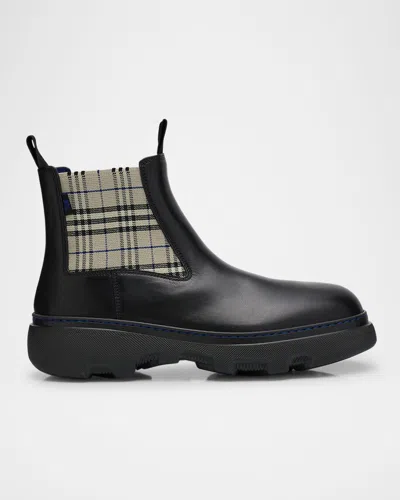 Burberry Checked Leather Chelsea Boots In Black 1