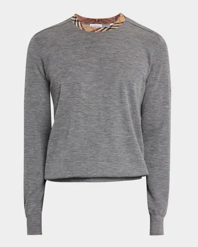 Burberry Men's Crewneck Sweater With Signature Check Trim In Gray