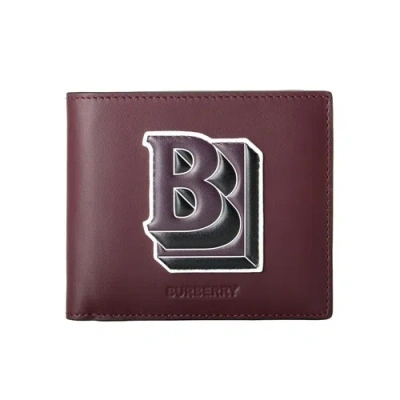 Pre-owned Burberry Men's Deep Maroon Logo Print Leather Bifold Wallet In Red