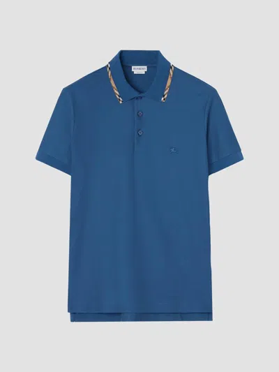 Burberry Logo Cotton Polo Shirt Contrasting Collar In Blue