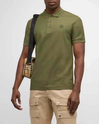 Burberry Men's Eddie Polo Shirt With Check Placket In Olive