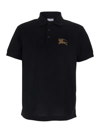 Burberry Men Black Polo Shirt With Classic Collar And Ekd Embroidery In Cotton Man