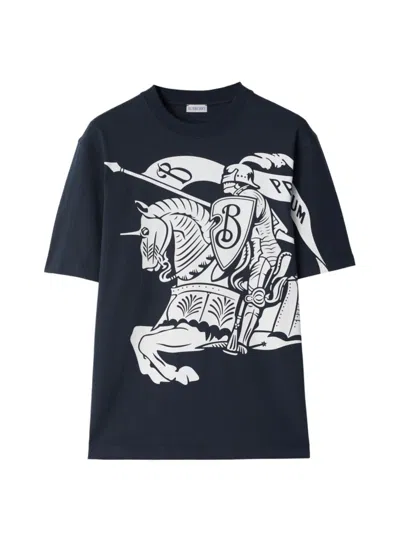 Burberry Black Cotton T-shirt With Ekd In Blue