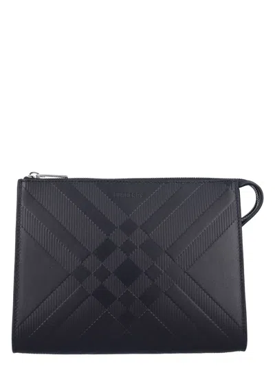 BURBERRY MEN'S EMBOSSED CHECK LEATHER POUCH