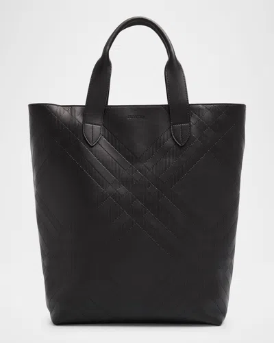 Burberry Men's Embossed Check Leather Tote Bag In Black