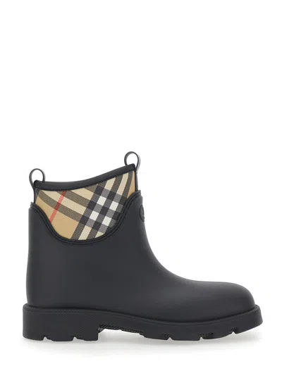 BURBERRY BURBERRY MEN BLACK RAIN ANKLE BOOTS WITH EMBOSSED EKD LOGO AND CHECK MOTIF IN RUBBER MAN