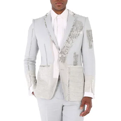 Burberry Men's Grey Melange Techincal Linen Blazer With Crystal Embroidery In White