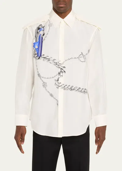 Burberry Men's Horsechain Graphic Epaulet Sport Shirt In White