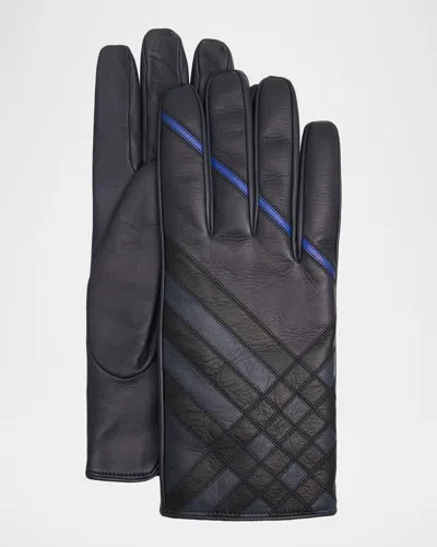 Burberry Men's Intarsia Check Leather Gloves In Black