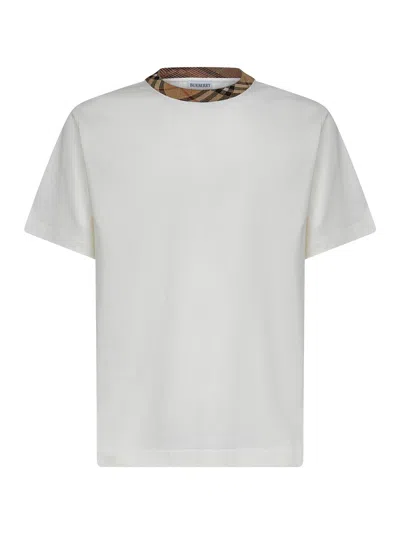 Burberry Men Ivory Cotton Check Trim T-shirt In White
