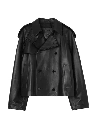 Burberry Cropped Leather Leadenham Trench Coat In Black