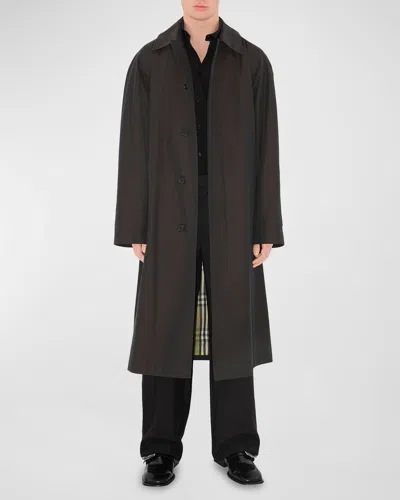 Burberry Men's Long Cotton Car Coat In Black/tan