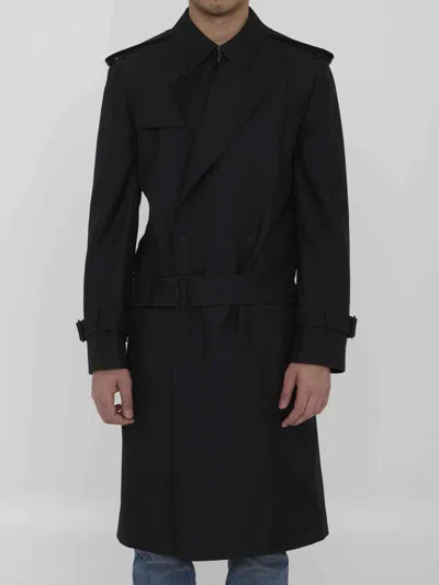 Burberry Men Long Trench Coat In Silk Blend