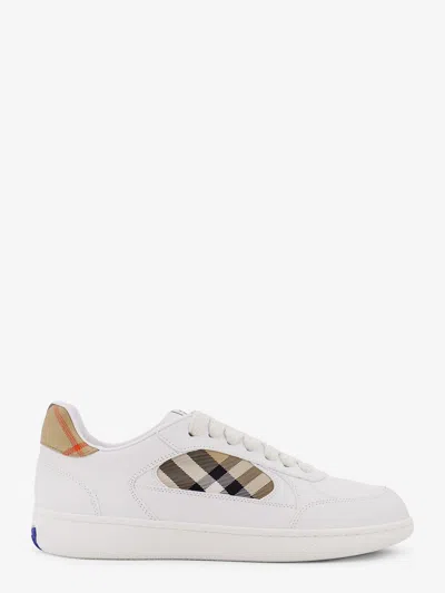 Burberry Men Low-top Leather Sneakers With Check Inserts In White