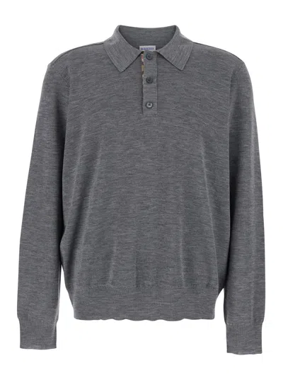 BURBERRY BURBERRY MEN GREY POLO SHIRT WITH CLASSIC COLLAR AND CHECK MOTIF ON THE COLLAR IN WOOL MAN