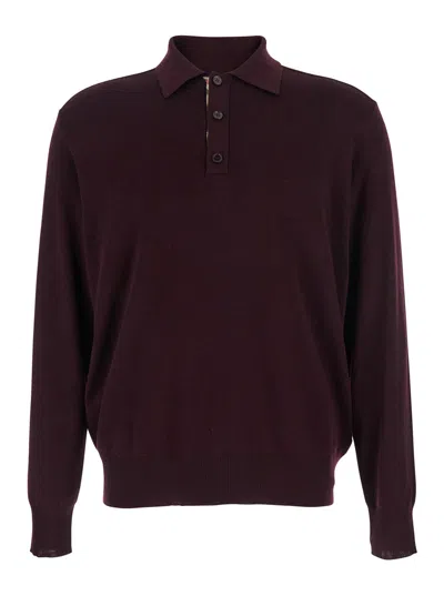 Burberry Bordeaux Polo Shirt With Classic Collar And Check Detail In Wool Man In Burgundy