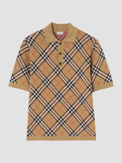Burberry Polo Shirt Cotton Blend Embroidery Check In Neutral