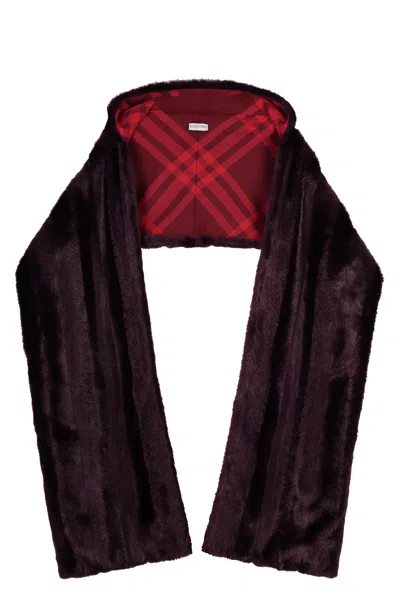 Burberry Men's Maroon Hooded Faux Fur Scarf With Check Motif Lining In Burgundy