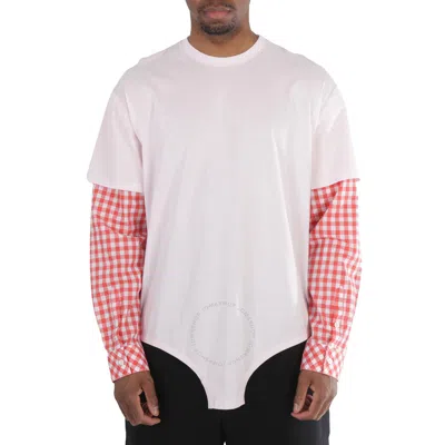 Burberry Men's Pale Pink Cut-out Hem Gingham Sleeve Cotton Oversized T-shirt