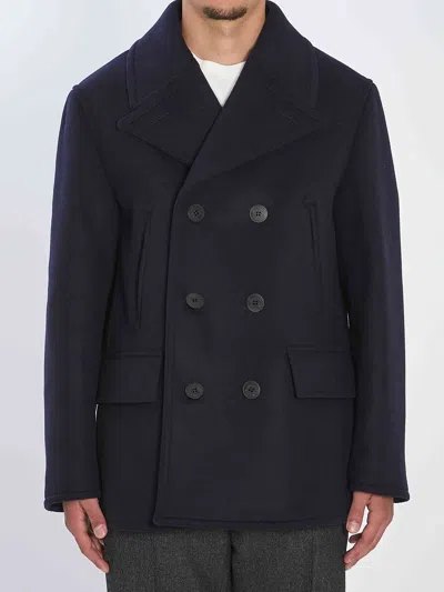 Burberry Pea Coat In Wool In Blue