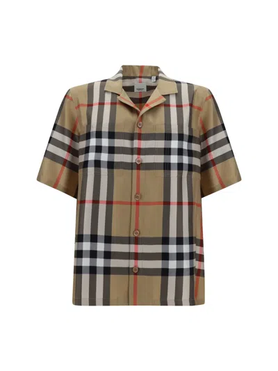 Burberry Brown Bowling Shirt With All-over Checkered Print In Silk Man In Multicolor
