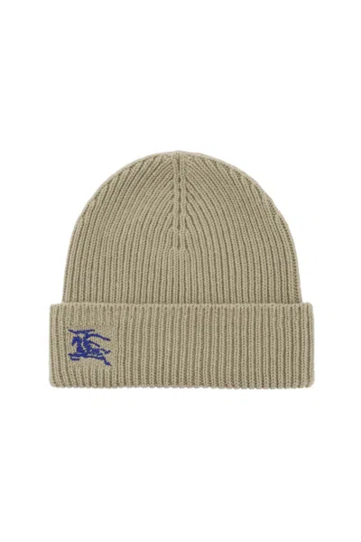 Burberry Green Ribbed Cashmere Beanie With Embroidered Equestrian Design In Hunter Beige