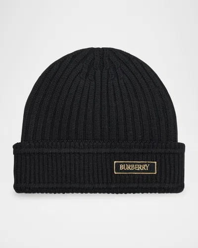Burberry Men's Ribbed Wool Logo Beanie Hat In Black