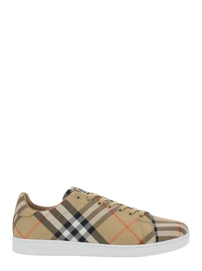 BURBERRY BURBERRY MEN 'SET' BEIGE LOW-TOP SNEAKER WITH ALL-OVER CHECK PATTERN IN FABRIC AND LEATHER MAN
