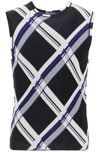 BURBERRY MEN'S SLEEVELESS RIBBED SILK KNIT TOP WITH JACQUARD CHECK PATTERN