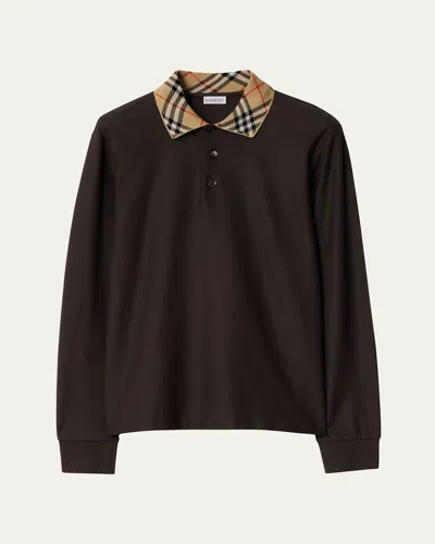 Burberry Men's Slim Cotton Check-collar Long-sleeve Polo Shirt In Brown