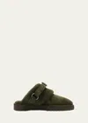 Burberry Elegant Mini Suede Slippers With Soft Fur Lining In Dark Green