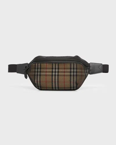 Burberry Men's Sonny Mesh Check Belt Bag In Brown