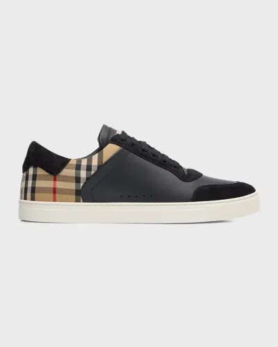 BURBERRY MEN'S STEVIE LEATHER AND CHECK LOW-TOP SNEAKERS