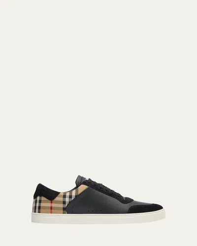 BURBERRY MEN'S STEVIE LEATHER AND CHECK LOW-TOP SNEAKERS