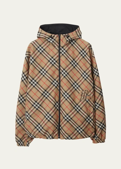 Burberry Vintage Check Reversible Zip-front Hooded Jacket In Sand Check